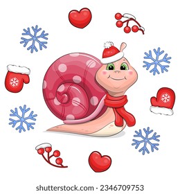Cute cartoon snail with a red scarf and hat in a winter frame. Vector illustration of an animal with hearts, mittens, berries, snowflakes on a white background.