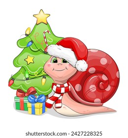 A cute cartoon snail in a Santa hat holds a red gift and sits next to the Christmas tree. New year animal vector illustration  on white background.