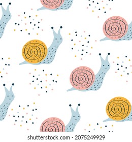 Cute cartoon snail seamless pattern. Children's funny background with snails. Scandinavian design for baby's pajamas, poster, office, bed linen. Vector illustration.