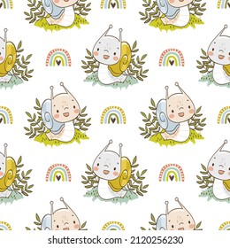 Cute cartoon snail seamless pattern