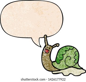 cute cartoon snail with speech bubble in retro texture style
