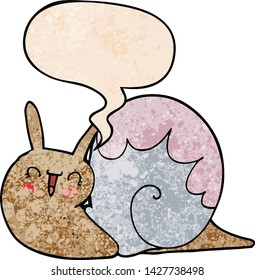 cute cartoon snail with speech bubble in retro texture style