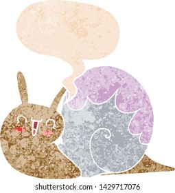 caricatura lindo caracol con burbuja de habla en un estilo retro angustiado estilo texturado