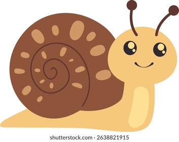 Cute cartoon snail with spiral brown shell and smiling face, ideal for nature education, children’s materials, or garden-themed illustrations.

