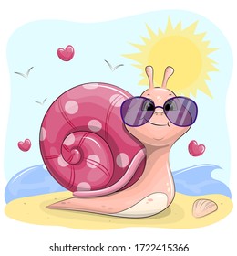 Cute cartoon snail in sunglasses on the beach. Summer vector illustration of an animal with sun and hearts