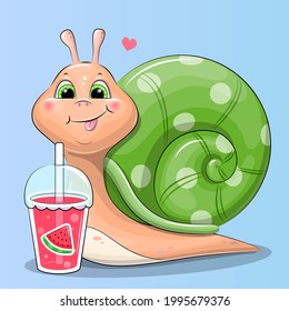 Cute cartoon snail with watermelon juice. Vector illustration of an animal on a blue background.