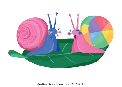 Cute cartoon snails couple with rainbow shell on leaf, colorful vector illustration, LGBT pride, love and diversity concept