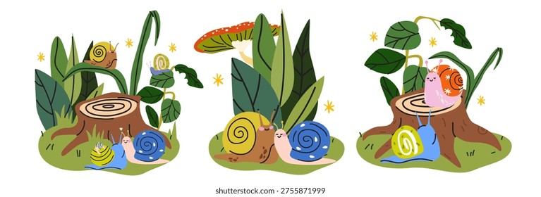 Cute cartoon snails in a magical forest setting with mushrooms, plants and logs. Vector illustration of snail characters in their natural habitat. Cozy woodland scene in flat style