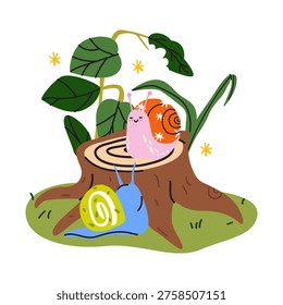 Cute cartoon snails in a magical forest with leaves, plants and wooden stump. Vector illustration of snail characters in their natural habitat. Cozy woodland scene in flat style