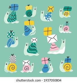 Caracoles de dibujos animados con sobres de correo y cajas de regalo, colección de ilustraciones vectoriales