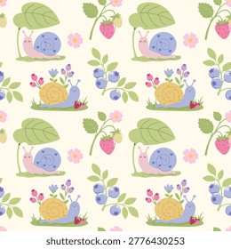 Cute cartoon snails seamless pattern. Vector repeating background with snails, strawberries, blueberries and flowers. Kawaii woodland animals for kids fabric, nursery wallpaper and gift wrap