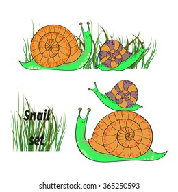 Cute cartoon snails set. Collection of hand drawn vector illustrations isolated on white background. 
