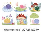 Cute cartoon snails set with mushroom houses, berries and leaves. Vector illustration of happy forest characters on cloud and boat isolated on white background. Kawaii style woodland animals for kids