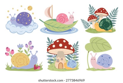 Cute cartoon snails set with mushroom houses, berries and leaves. Vector illustration of happy forest characters on cloud and boat isolated on white background. Kawaii style woodland animals for kids