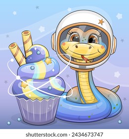 Cute cartoon snake astronaut with galaxy cupcake. Funny vector illustration of an animal on a blue background with stars.