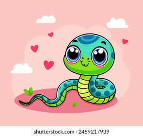 Cute serpiente de dibujos animados con grandes ojos y corazones sobre un fondo rosa, Ilustración vectorial, concepto de personaje animal adorable. Ilustración vectorial