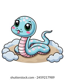 A cute cartoon snake with big eyes and polka dots, sitting on a patch of ground with clouds, vector illustration. Vector illustration