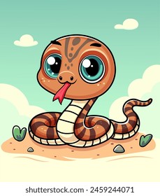 Cute serpiente de dibujos animados con ojos grandes en un fondo del desierto, Ilustración vectorial, concepto de un personaje animal amable. Ilustración vectorial