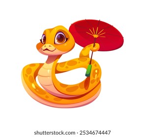 Cute cartoon snake character holding a red parasol. 2025 Chinese lunar year symbol. Reptile animal snake with yellow and orange scales, large expressive eyes and gentle smile lying in elegant pose