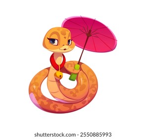 Personagem de cobra de desenho animado bonito segurando um parasol. Símbolo de ano novo lunar chinês de 2025. Animal réptil com escamas alaranjadas, olhos expressivos e sorriso suave usando um colar de sino e enrolada em pose elegante