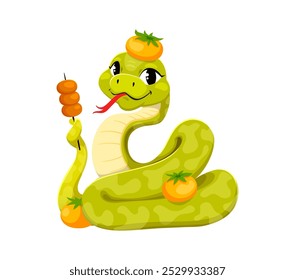 Carácter lindo de la serpiente de la historieta con las frutas mandarinas que celebran el año lunar chino 2025. Juguetón animal de reptil del zodiaco del Vector sostiene un pincho, simbolizando la festividad y la tradición asiática, la alegría y la cultura