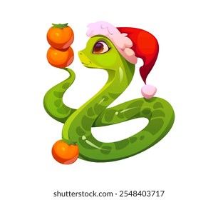 Personaje lindo de la serpiente de la historieta con un sombrero juguetón de Santa y un color verde vibrante, sosteniendo frutas brillantes de la mandarina en su cola, simbolizan la prosperidad, la felicidad y la buena suerte para el año Nuevo lunar chino 2025