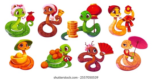 Cute cartoon snake characters, Chinese new lunar year symbols. Vector sweet reptiles wearing festive hats and holding traditional items. Oriental zodiac and horoscope animals with happy expressions