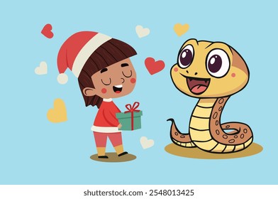  Linda serpiente de dibujos animados y el niño da un regalo en el estilo de dibujos animados. Símbolo chino del Año Nuevo 2025, mascota del carácter animal feliz