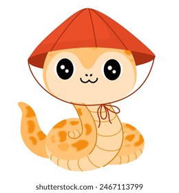 Cute Cartoon Snake. Chinese 2025 New Year symbol, happy animal character mascot in Santa hat. Happy funny serpent with spots on skin. Colored flat vector illustration isolated on white background