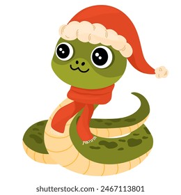 Cute Cartoon Snake. Chinese 2025 New Year symbol, happy animal character mascot in Santa hat. Happy funny serpent with spots on skin. Colored flat vector illustration isolated on white background