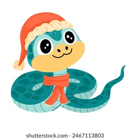 Cute Cartoon Snake. Chinese 2025 New Year symbol, happy animal character mascot in Santa hat. Happy funny serpent with spots on skin. Colored flat vector illustration isolated on white background