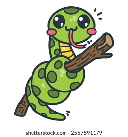 A cute cartoon snake coiling around a branch isolated on a white background in a flat color style. Vector illustration suitable for kids' design, t-shirts, decor, and jungle theme projects.