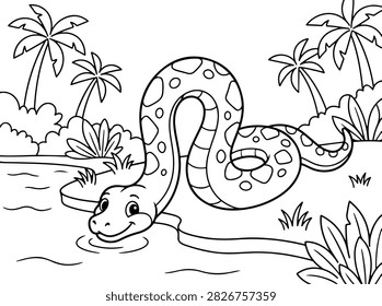 A cute cartoon snake drinking water from a pond in the jungle, surrounded by palm trees and plants, black and white outline for coloring.
