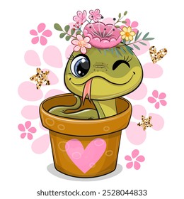 Cute cartoon Snake with flowers in a brown flower pot