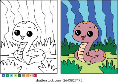 Cute cartoon snake in grass, an educational color by number page for children with the finished colored illustration side by side, perfect for kids' activities and learning.