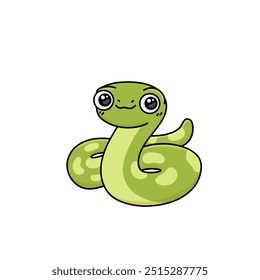 Cute cartoon snake. Happy animal character. Mascot green viper. Vector illustration isolated on white background