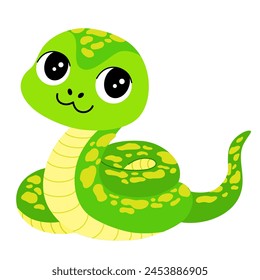 Cute Cartoon Snake. Happy funny serpent with spots on skin. Colored flat vector illustration isolated on white background
