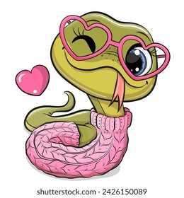 Cute Cartoon Snake in heart glasses isolated on a white background