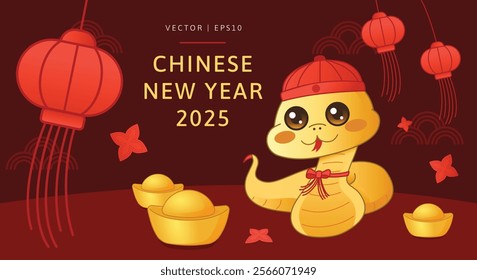 Cute cartoon snake illustration celebrating Chinese New Year 2025, festive red and gold with traditional lanterns,  decorative elements symbol prosperity, luck, happiness. banners, greeting cards.