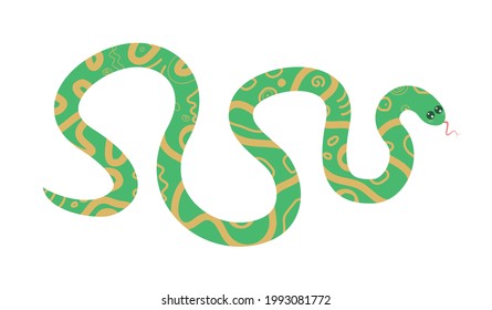 Cute cartoon snake isolated on white transparent background. Vector flat design children's illustration. Side view.  Animal drawing. Side view