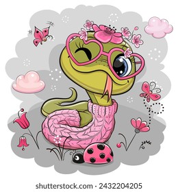 Cute Cartoon Snake on a meadow with flowers and butterflies