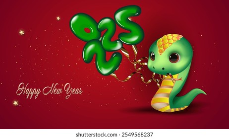 Serpiente linda de la historieta en el fondo glamuroso rojo y los globos 2025. Plantilla de diseño para postal, Anuncio, cartel, etc. 
