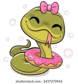 Linda serpiente de dibujos animados con un donut rosa y arco