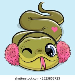 Cute Cartoon Snake in pink fur headphones on blue background