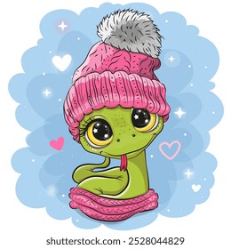 Cute Cartoon Snake in a pink knitted hat on blue background