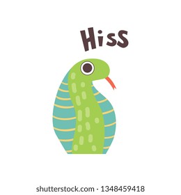 Cute Cartoon Snake Reptile Animal Making Hiss Sound Vector Illustration