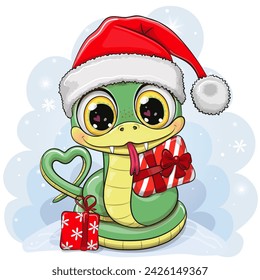 Cute Cartoon Snake in Santa hat with Gift on a blue background