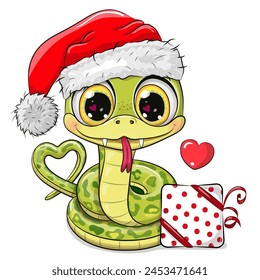 Cute Cartoon Snake in Santa hat with Gift on a white background