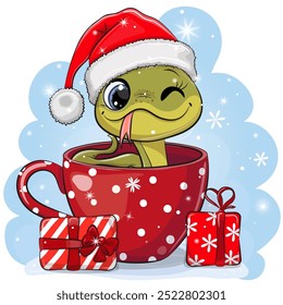 Cute Cartoon Snake in a Santa hat is sitting in a red Cup