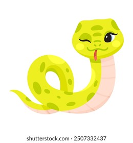 Cute cartoon snake, smiling with tongue and winking. Kawaii serpents. Kids flat vector illustrations. Happy cheerful excited cobra. Childish flat graphic vector illustration isolated on white 